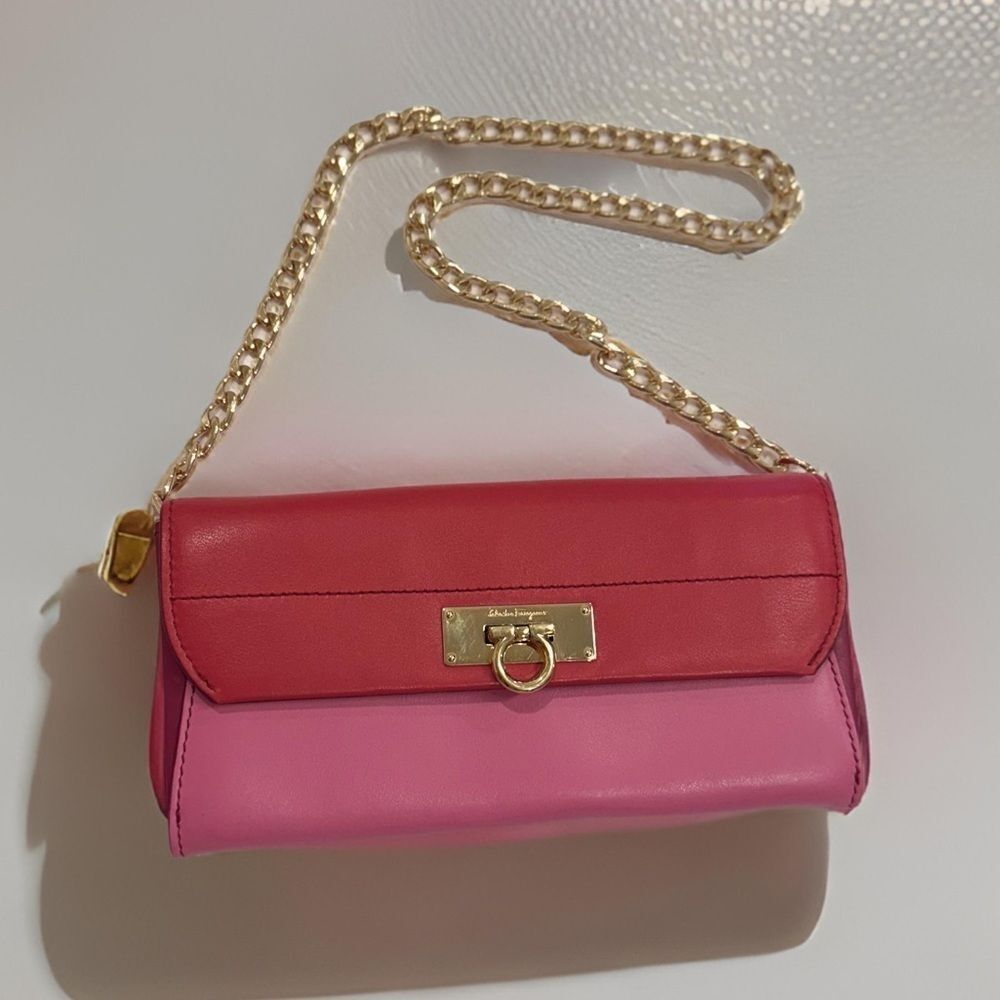 Salvatore Ferragamo RED & PINK Full Size Wallet W/ Insert Chain Strap